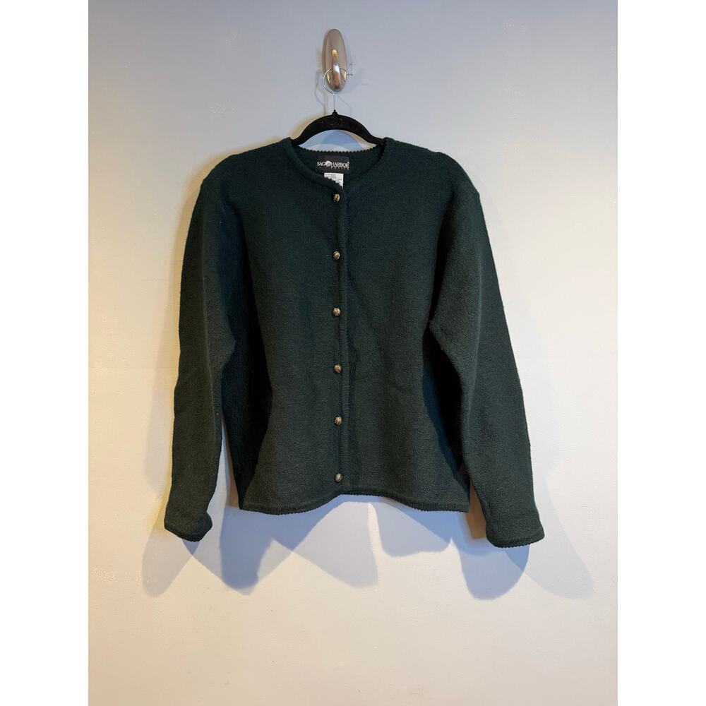 Vintage Sag Harbor Petite Wool Cardigan Sweater Green Gold Buttons